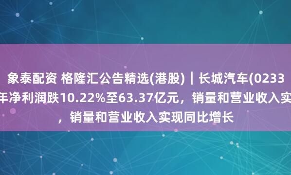 象泰配资 格隆汇公告精选(港股)︱长城汽车(02333.HK)上半年净利润跌10.22%至63.37亿元，销量和营业收入实现同比增长